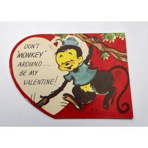 Vintage Greeting Card Valentines Day 1950s Monkey in Tree Anthropomorphic
